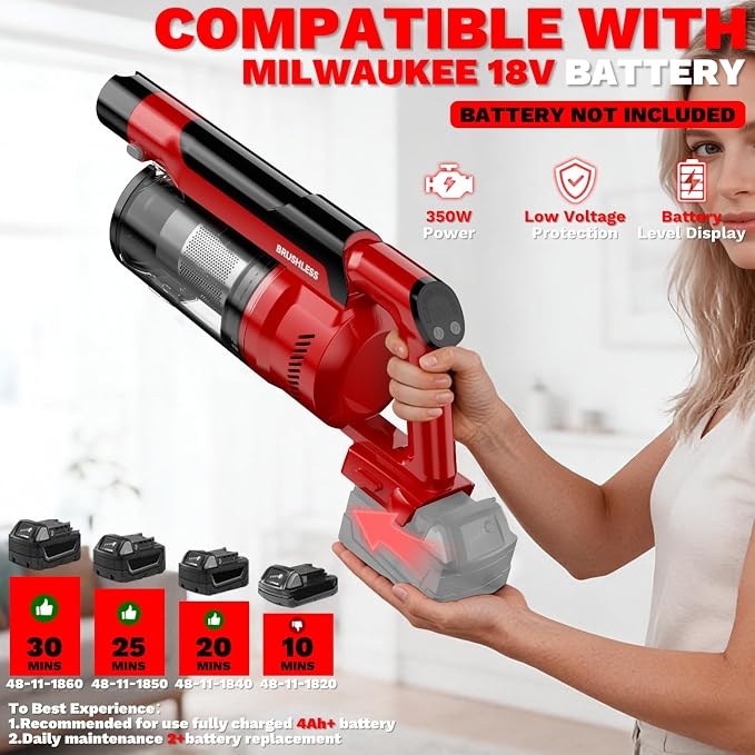 Cordless Vacuum Cleaner for Milwaukee M18 Battery, 8-in-1 Stick Vacuum with Pet Brush, 35KPA Suction, 350W Brushless Motor, Smart Touchscreen, HEPA Filter, for Carpet Floor Car (Battery Not Included)
