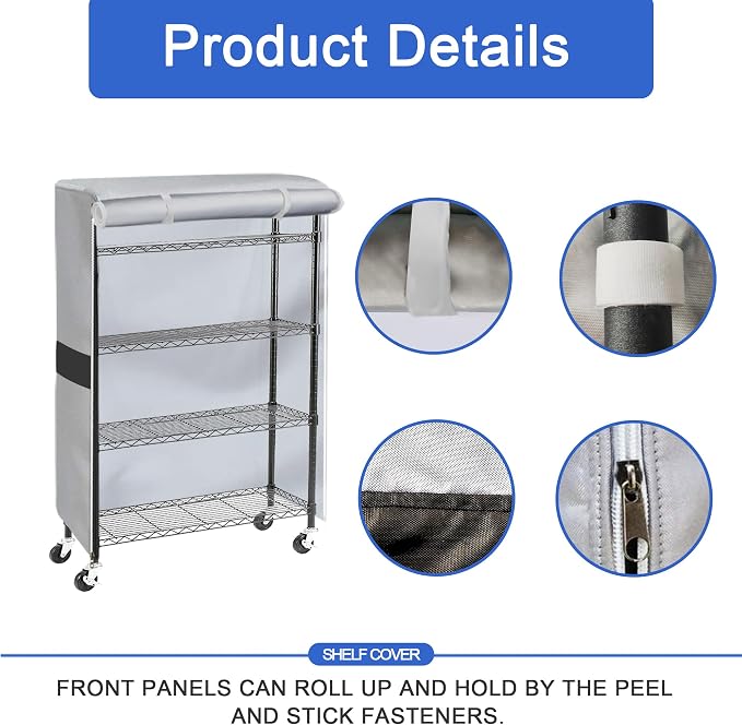 Shelf Cover, Wire Rack Cover 36" W x 18" D x 72" H | Dust Blocking, 600D Oxford Fabric, Garage, Basement, Roll-Up Front, Dual Zipper, Side Pockets, Shelving Cover, Silver & Black