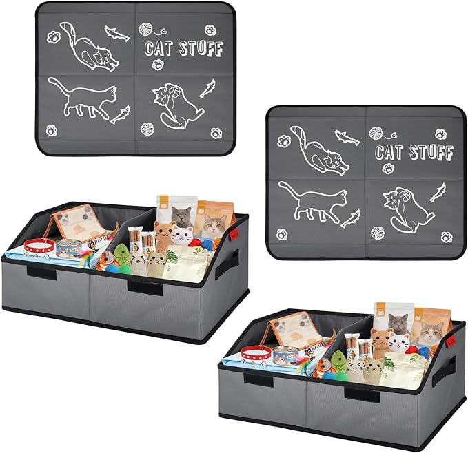 Sturdy MDF Cat Toy Box Storage with Lid, 19" Collapsible Cat Toy Bin with Handle, 600D Fabric Cute Pet Storage Basket Organizers for Pet Toys and Accessories - Grey (2 Pack)