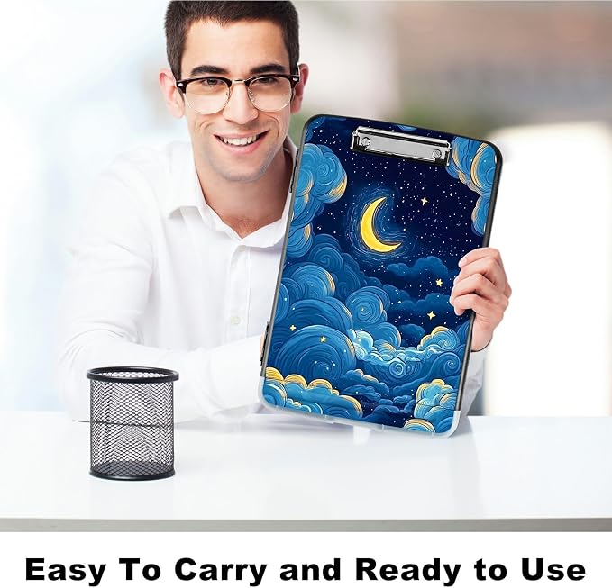 Moon Blue Clouds A4 Clipboard with Storage Pen Holder, Clipboards Organizer Nursing Clipboard Foldable File Folder Plastic Clipboard Folio Clip Board for Office Students Classroom Doctor