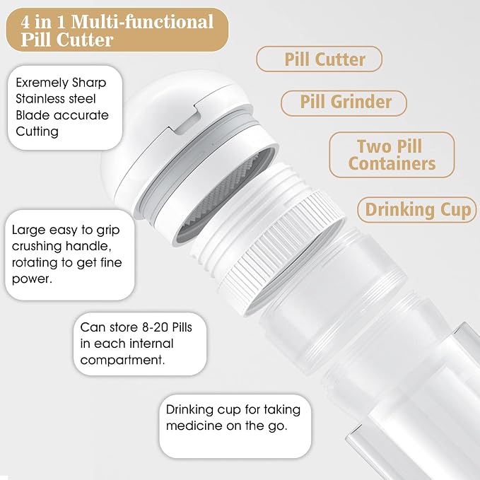 Pill Cutter Crusher Splitter: 3-in-1 Portable Storage Case White