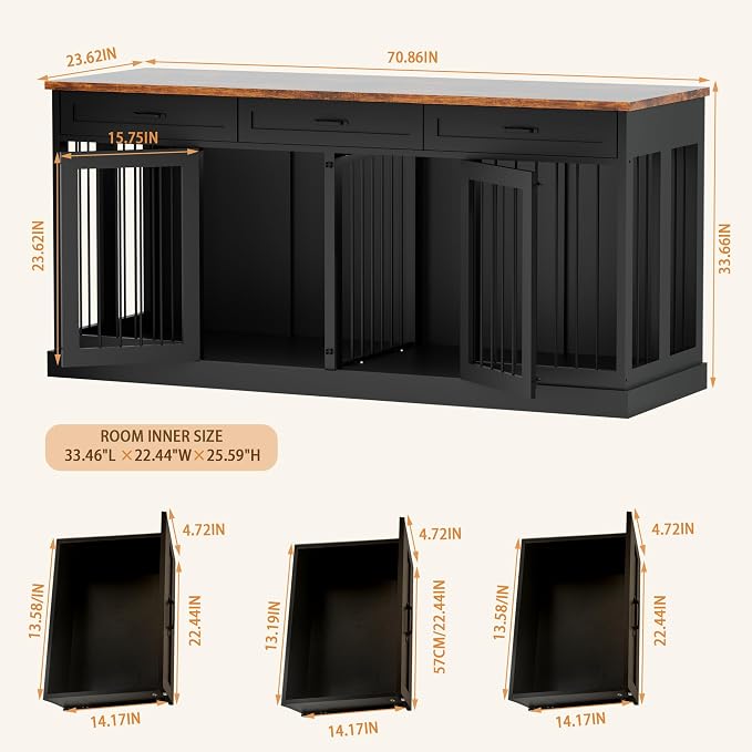 70.9 inches Double Dog Crate Furniture with 3 Drawers for Large Medium Dogs