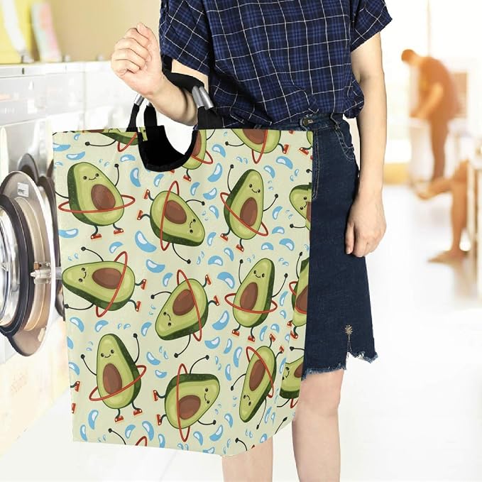 visesunny Collapsible Laundry Basket Funny Avocado Cartoon Character Large Laundry Hamper with Handle Toys and Clothing Organization for Bathroom, Bedroom, Home, Dorm, Travel