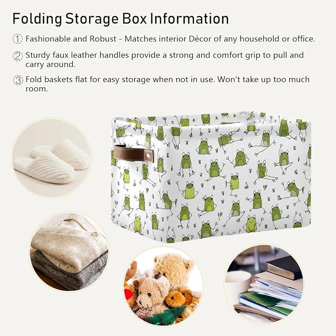 susiyo Large Foldable Storage Bin Funny Frogs Fabric Storage Baskets Collapsible Decorative Baskets Organizing Basket Bin with PU Handles for Shelves Home Closet Bedroom Living Room-1Pack