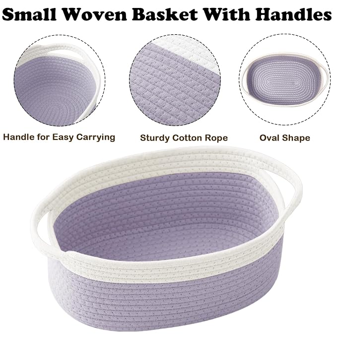 Woven Rope Basket-Baby Gift Basket with Bag & Ribbon, White&Purple | Cotton rope with handle, 12 x 8 x 5 in, gift bag and ribbon, for baby shower, birthday, toy storage, nursery, shelf decor