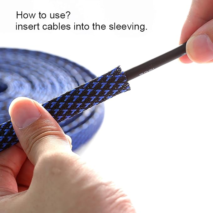 25ft - 3/4 inch PET Expandable Braided Sleeving – BlackBlue – Alex Tech Braided Cable Sleeve