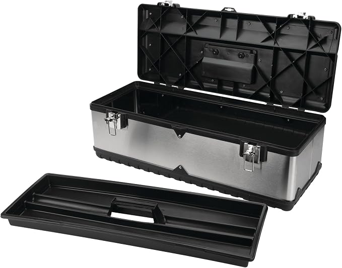 Performance Tool W54026 26 in. Steel Tool Box with Removable Tote | Heavy duty steel storage box and organizer. Recessed ergonomic comfort handle. Strong double latch with padlock eyehole