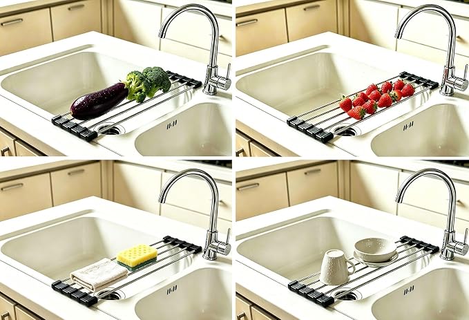 Ahyuan Roll up Dish Drying Rack Over The Sink Kitchen Roll up Sink Drying Rack Portable Dish Drainer Foldable Dish Drying Rack (Black, 17.8''X3.7'')