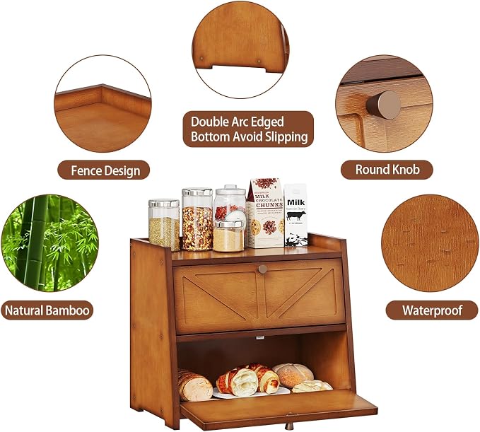 Trironsun Vintage Double Layer Bread Box for Kitchen Counter Bamboo Bread Storage Container Large Capacity Bread Storage Bin