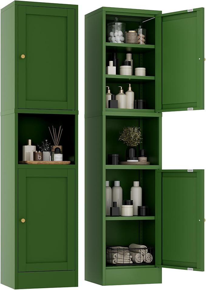 YAUWOH 2-Door Metal Storage Cabinet, Tall Slim Pantry Organizer with 3 Adjustable Shelves (120LBS/Shelf), Anti-Tipping Waterproof Cabinet for Bathroom/Kitchen/Home Office/Small Spaces,(1PC,Green)