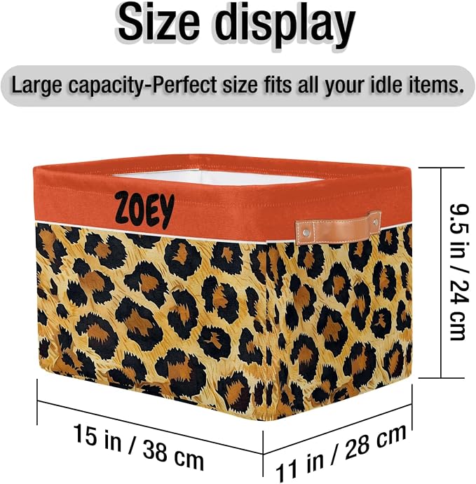 Personalized Storage Bins for Boys, Customized Name Leopard Print Storage Basket Rectangle Clothes Organizer for Organizing Kids and Pets Toys Shelf Closet