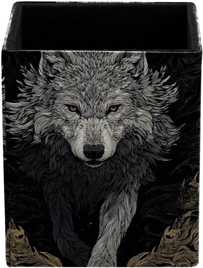 Wolf Pen Holder for Desk Decor, Rectangular PVC Leather Pencil Cup for Desk Pen Organizer, Makeup Brush Holder for School, Home, Office
