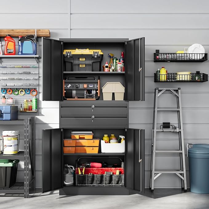 Metal Garage Storage Cabinet,71" Heavy Duty Steel Tool Cabinet with 4 Door Lock-Adjustable Shelves and 2 Drawer for Garage Home Office Utility Room (Black)