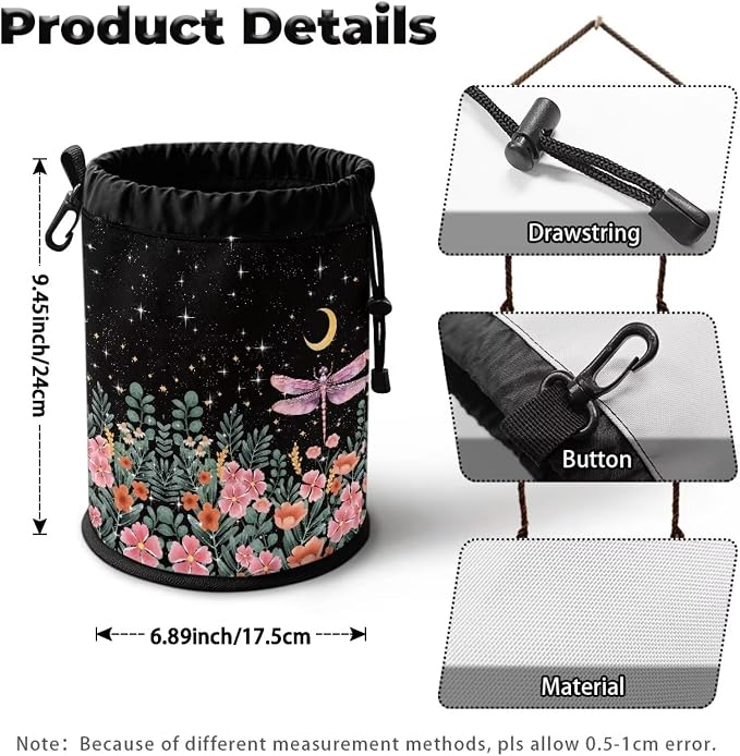 Dragonfly Floral Clothespin Storage Bag Drawstring, Laundry Peg Organizer Pouch with Metal Button for Hanging, Portable Clips Holder for Drying Rack, Camping, Dorm