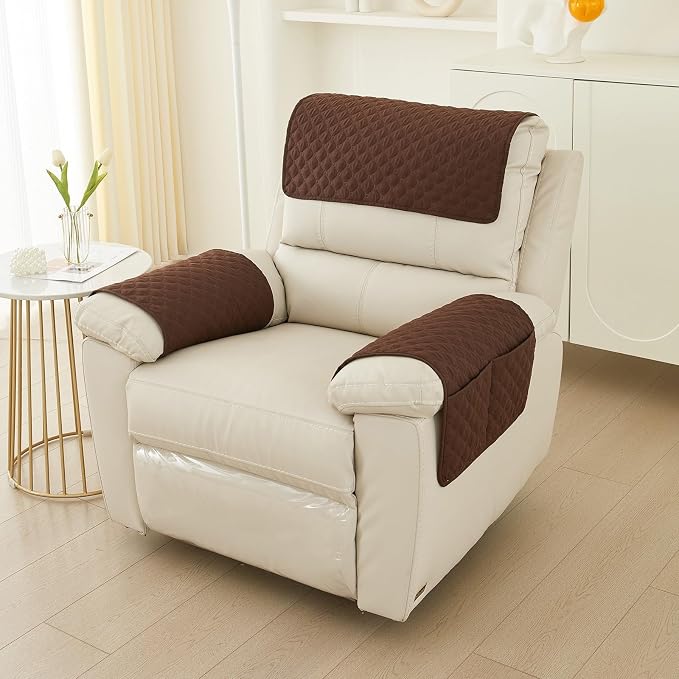 Armrest Covers Armchair Slipcover, Couch Arm Covers Recliner Covers with Storage Pockets Armrest Protector for Chair Sofa(Brown.,1 Seat | 3 Piece Set)