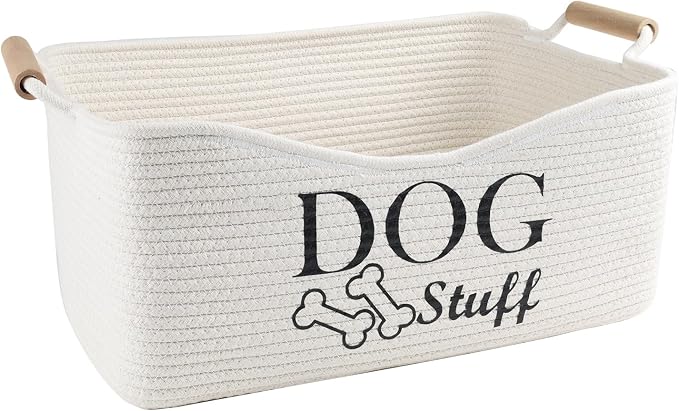 Woven Dog Toy Basket,Dog Stuff Organizer,Collapsible Dog Toy Bin | 100% Cotton Rope Basket with Wood Handles, Dog Organizer for Dog Toys,Collar,Leash,Blankets,Soft and Durable-Beige