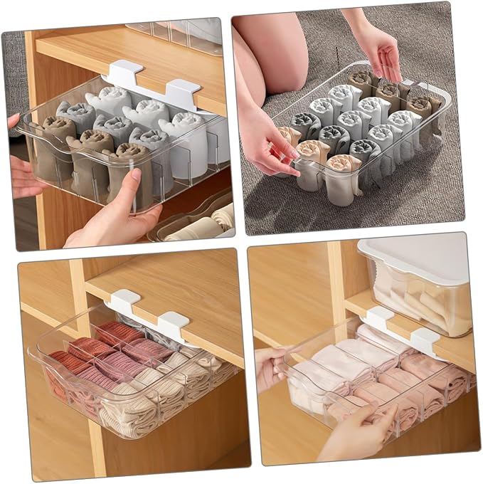 Ciieeo Transparent Compartment Pet Underwear Storage Box with Adhesive for Wardrobe Under Shelf Socks and Underwear Organizer Drawer Dust Divider for Closet and Drawer Use