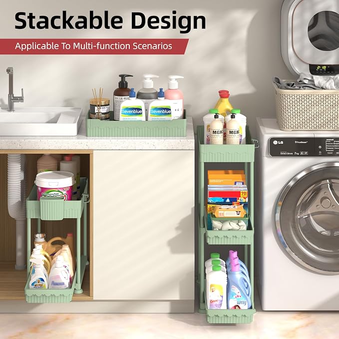 4-Pack 2-Tier Under Sink Organizer with Pull Out Drawers | Multi-use kitchen & bathroom storage. Includes hanging hooks and cups. Green, space-saving cabinet design. 14.8 Inch