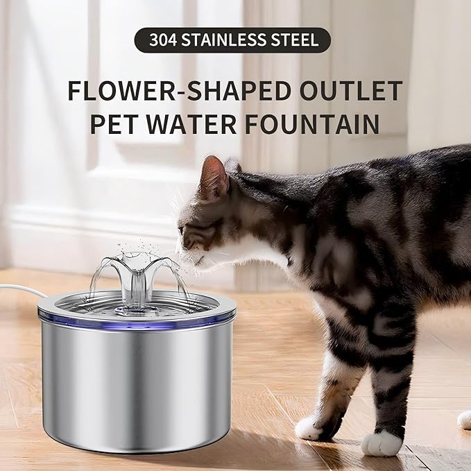 74oz/2.2L Stainless Steel Cat Water Fountain, Automatic Pet Water Dispenser for Cats and Small Dogs, 304 Stainless Steel, Ultra-Quiet Pump, Night Light, Auto Shut-Off for Water Shortage