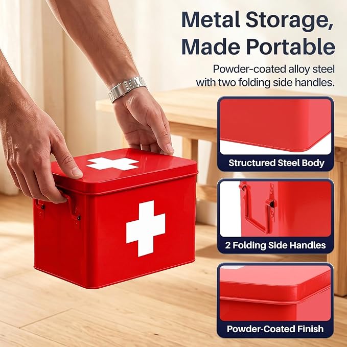 Flexzion Large Metal First Aid Box Empty, 8.5-Inch, Red with White Cross | Vintage Medicine Box and First Aid Storage Organizer with Removable Tray and Dividers; Empty Box Only, Supplies Not Included