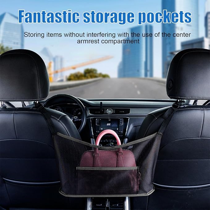 Ziciner 2 PCS Car Net Pocket Handbag Holder, Organizer Mesh Bag Between Two Seat, Driver Storage Netting Pouch for Handbag Purse, Barrier of Backseat Pet, Car Accessories for Women Men (Black)
