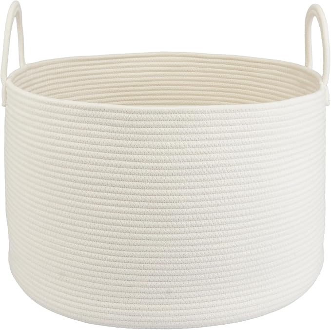 XUANGUO 66L Large Blanket Basket, Round Cotton Rope Basket, White | 20" x 13" Laundry Basket with Sturdy Handles for Blankets, Pillows and Toys; Storage for Living Room, Bedroom and Nursery