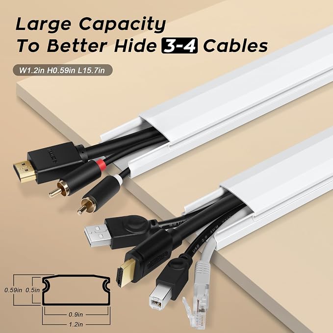 110in Cord Covers for Wires on Wall Kit, Simple Setup Wire Hider | Large Cord Hider Wall Kit, Wire Covers for 3-4 Cords on Wall, White TV Cable Hider Cable Raceway, W1.2 X H0.6in