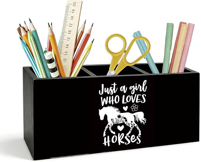 Black and White Horse Pen Holder for Desk, Horse Gifts for Women, Just a Girl Who Loves Horses Wooden Box Pencil Pen Holder Organizer for Home Office Desk Accessories