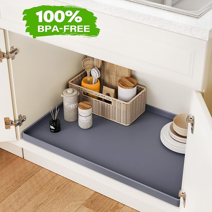 FLATO Waterproof Under Sink Mat, 25" x 19", Beige | Shelf Liner for Kitchen and Bathroom, Cabinet Protector, Organizers and Storage, Flexible Silicone Drip Tray