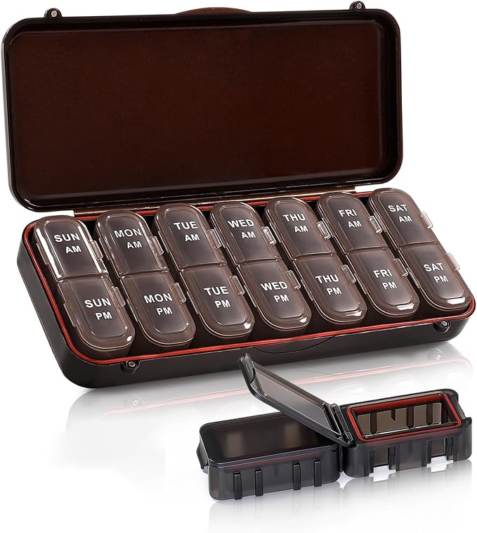 Pill Organizer 2 Times a Day, Weekly Travel Case for Vitamins, Fish Oils + 2 Detachable Cute Boxes (Brown)