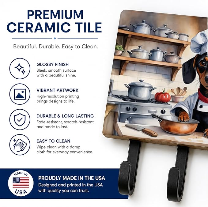 Caroline's Treasures Dachshund The Chef Leash or Key Holder Wall Hooks, Key Hooks Holder, Coat Rack Wall Mount, Coat Hooks, Hooks for Hanging Keys, Towels, Aprons, Leashes | Dachshund The Chef artwork on ceramic tile with three steel hooks for keys, le...
