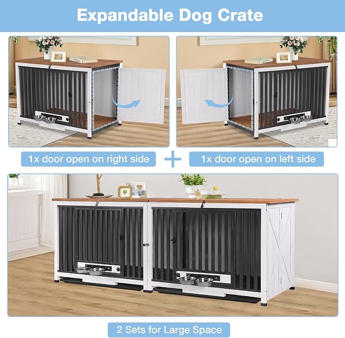 Large Dog Crate Furniture with Bowl for Travel Foldable Dog Crate with Chew-Proof Design Pull-Out Tray Carrying Puppy Cage Crates for Dogs Indoor (White)