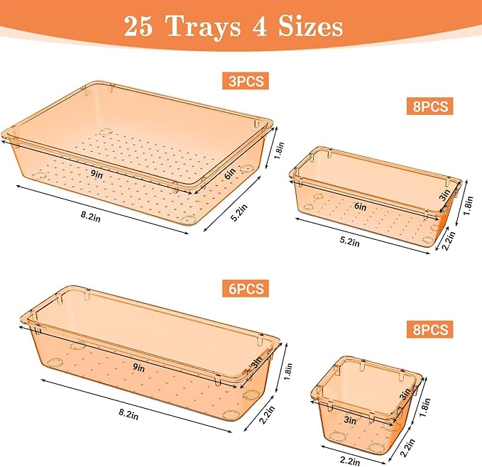 SpaceHacks 25 PCS Plastic Drawer Organizer, 4-Size Versatile Organizer Trays & storage Bins
