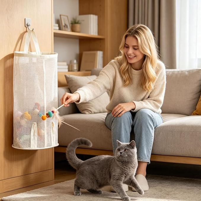 2026 New Pet Toy Storage Bag, Wall-Mounted, Space-Saving Organizer with Bottom Opening for Cat Wand Toys and Dog Toys (#B)