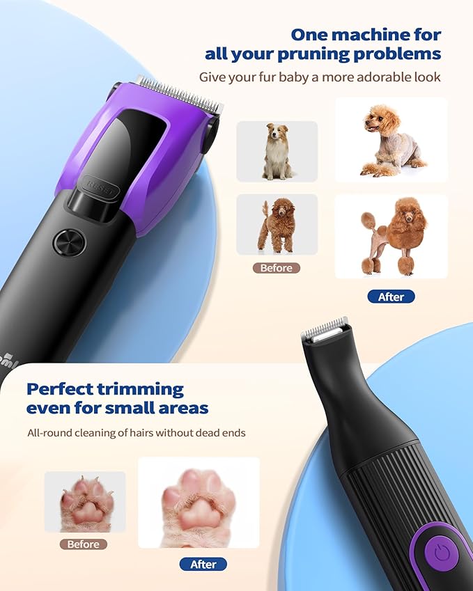 PAPMINI Dog & Cat Grooming Kit for Thick Coats, Heavy Duty Rechargeable Trimmer with LED Display & Storage Bag (Purple, 2 in 1)