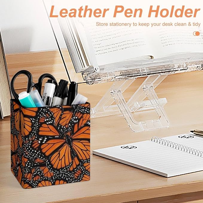 Pu Leather Pens Pencils Holder Cup for Men Women Square Makeup Brush Holder Desk Accessories Heaps Of Orange Monarch Butterflies Container Box for Office Supplies