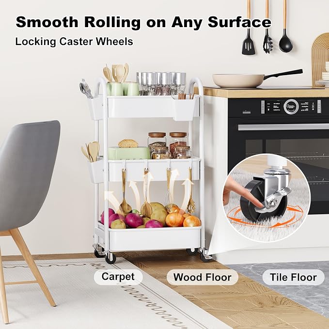 3 Tier Metal Rolling Cart Organizer, White Utility Storage Carts on Wheels | Three Tiered Bedside Carts for Baby Essentials, Utility Roller Shelf for Snack, Art, Cleaning, Craft, Diaper Caddy, Book