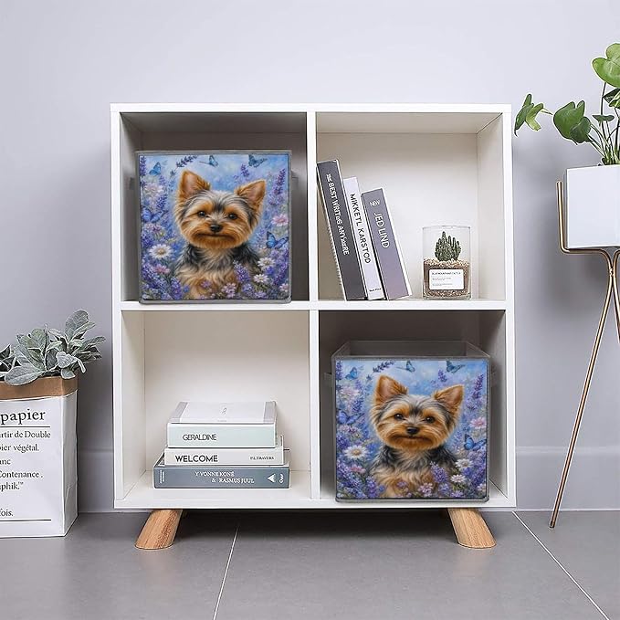 Yorkie Dog Lavender Butterflies Garden Storage Bin with Handles, Oxford Fabric Foldable Storage Cube Organizer for Clothes, Towels, Bedroom, Living Room, Home Organization