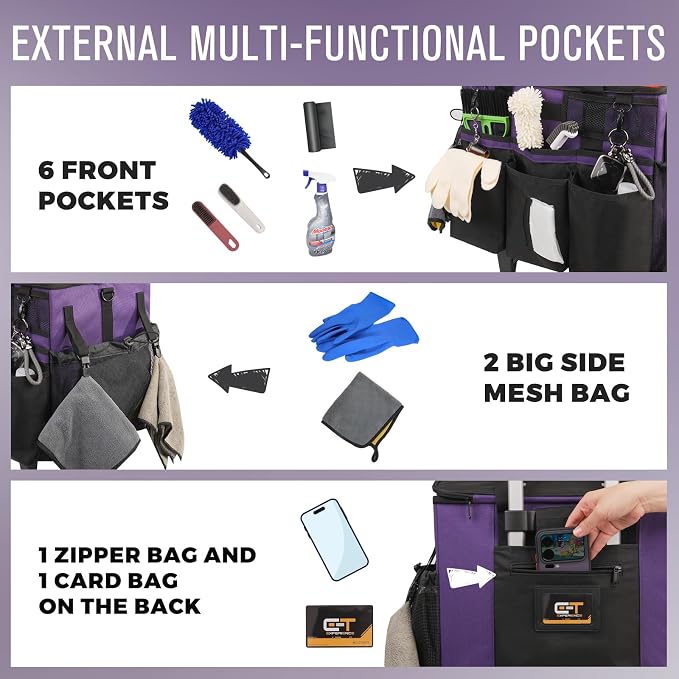 SCAVATA Rolling Cleaning Caddy Bag with Detachable Trolley, Large Cleaning Supplies Organizer with Wheels, Multi Pocket Cleaning Cart with Adjustable Shoulder Strap for Housekeeper & Home, GrapePurple