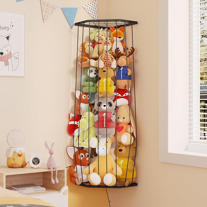 BBLlKE Stuffed Animal Storage Zoo - Corner Plush Toy Organizer Length Adjustable, Wall Hanging Stuffed Animal Net Holder for Nursery Playroom Bedroom Kids Room, Black