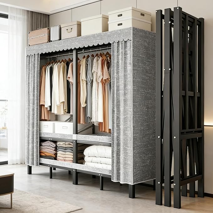74.8in Heavy Duty Portable Closet, Foldable Wardrobe Closet with Cover, Metal Clothing Shelves for Clothes Organizers and Storage, for Bedrooms, Apartments, Rental Properties (Grey, 74.8in)