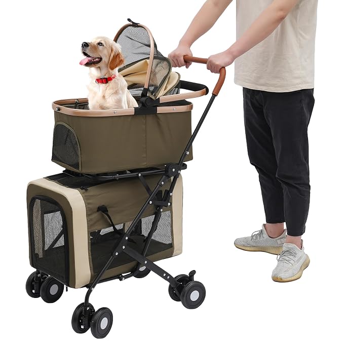 Pet Stroller for Small Medium Dogs Up to 77lbs, 2 Detachable Carriers, Folding Pet Carriage Cart for Dogs Cats, 360° Front Wheels Portable Cat Puppy Jogging Stroller with Storage Pocket