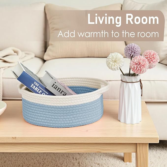 JMvicyroam Small Woven Basket, Empty Gift Basket, White&Blue/3 Pack | Small Gift Basket, Cotton Rope, 12 x 8 x 65 in, Handles, Includes Ribbon and Bag, Birthday Gift Basket