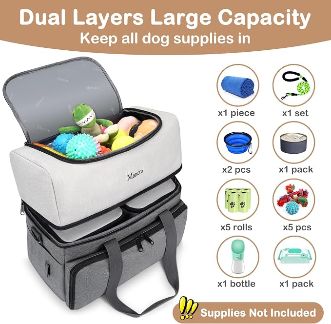 Mancro Dual Layers Dog Travel Bag, Dog Mom Gifts, Road Trip Essentials | Pet Travel Bags with 2 Extra Large Food Containers, 2 Collapsible Dog Bowls, Multi-Pockets Tote Organizer for Pet Supplies