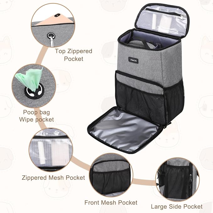 MOSISO Dog Travel Bag Backpack, Airline Approved Pet Organizer Daypack | Multi-Pockets Pet Supplies Storage Backpack with 2 Dog Food Baskets for Traveling Weekend Away, Grey