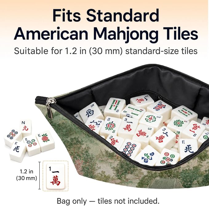 Green Chinoiserie Empty Mahjong Tile Bag 13x7.8 Inch, | Chinoiserie Portable Travel Case Organizer Zipper Pouch for American Mahjong Tiles Game Night Accessories and Gifts