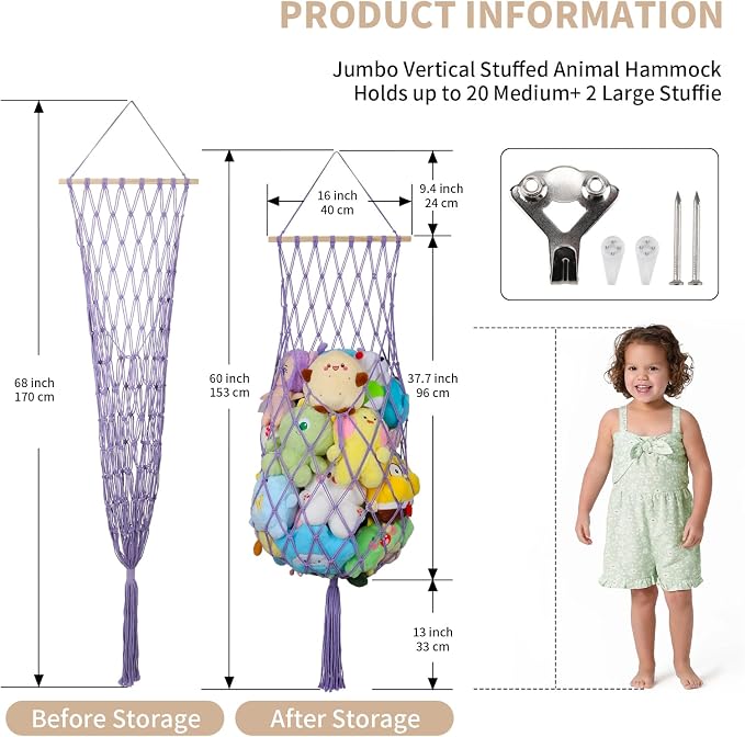 68 Inch Stuffed Animal Storage Net Corner Stuffy Hammock,Purple | Boho Macrame Large Toy Hammock for Stuffed Animals Organizer,Wall Ceiling Over Door Stuffy Storage Holder,Nursery Room Decor