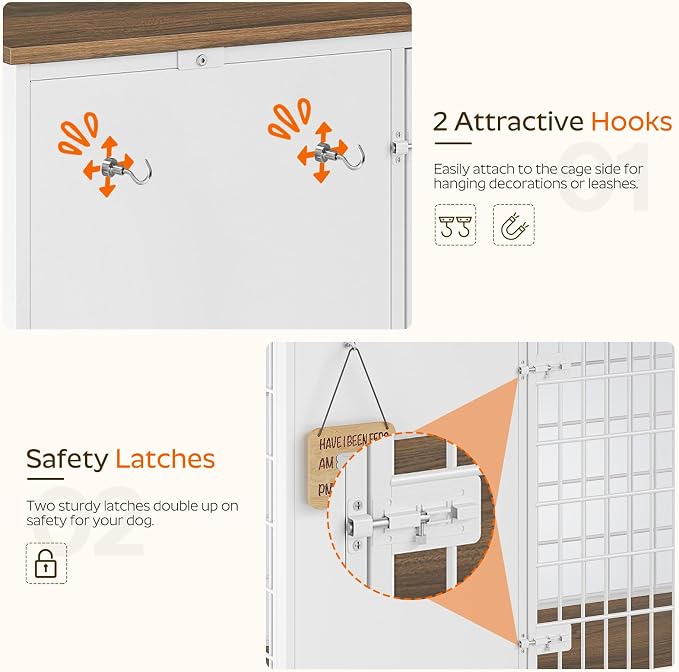 YATINEY Foldable Dog Crate Furniture, Dog Crate with DIY Frame, Heavy Duty Dog Kennel Indoor with Hooks, Wooden Dog Cage End Table, for Small/Medium Dogs, White and Walnut DC95WH