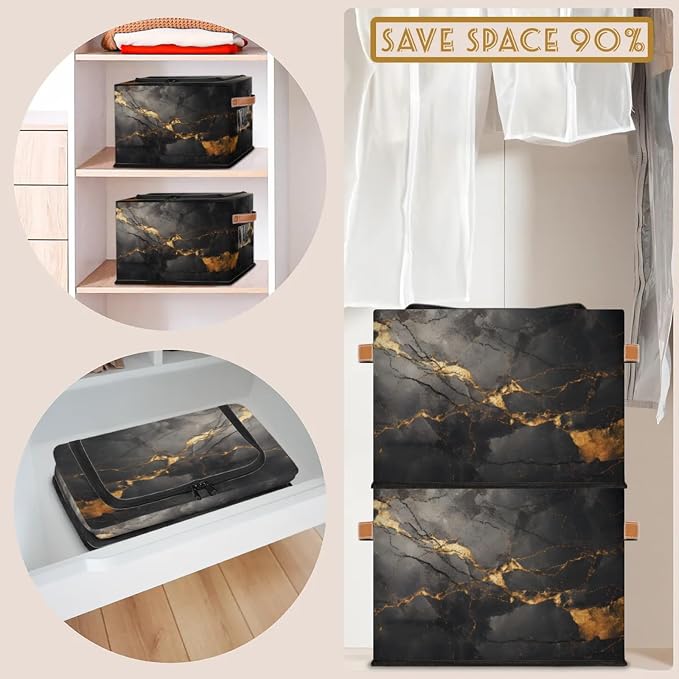 Black Gold Marble Storage Bins With Zipper Lid, Collapsible Trunk Organizer, Car Organizers and Storage Bins with Lids, Decorative Storage Boxes with Handle, Home Storage Baskets For Organizing