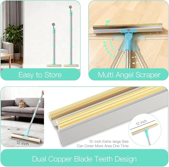 Carpet Rake for Pet Hair Removal - 3 in 1 Reusable Dog Cat Hair Remover Scraper with Adjustable Long Handle, Carpet Clean Brushes & Cat Dog Fur Rakes Scraper Broom for Couch, Rugs, Mats and Cars